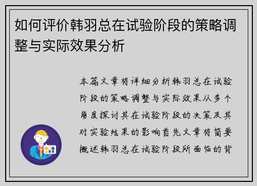 如何评价韩羽总在试验阶段的策略调整与实际效果分析