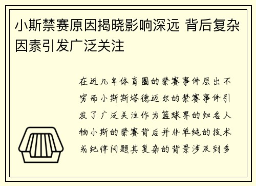 小斯禁赛原因揭晓影响深远 背后复杂因素引发广泛关注 小斯禁赛原因揭晓影响深远 背后复杂因素引发广泛关注